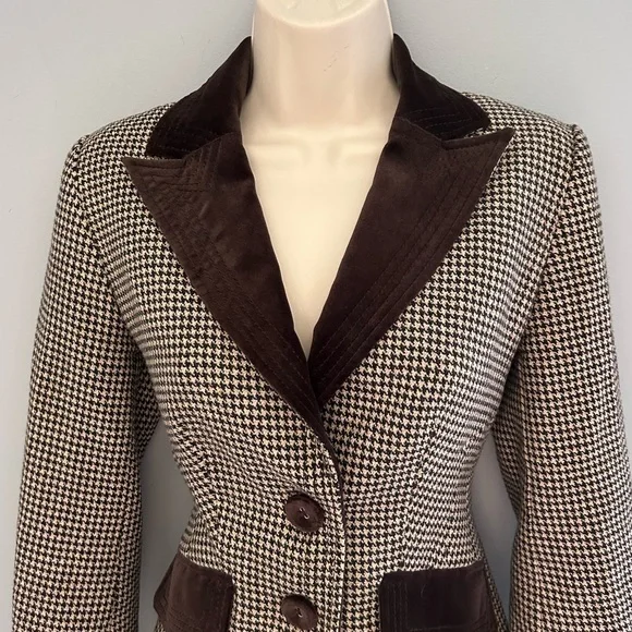🌷 Karen Millen Vintage Brown and Off White Houndstooth Blazer Equestrian Size 6 - Picture 4 of 11